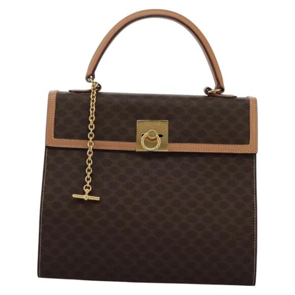 CELINE Macadam Canvas Hand Bag Pvc Leather Brown Gold - Picture 2 of 13